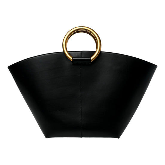 Saint Laurent Maxi Tote Black Smooth Leather Gold Ring Top Handle Bag – Large YSL Statement Handbag