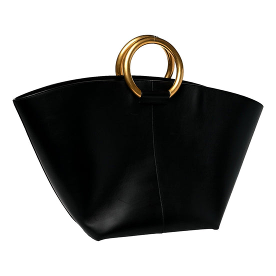 Saint Laurent Maxi Tote Black Smooth Leather Gold Ring Top Handle Bag – Large YSL Statement Handbag
