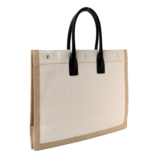 Saint Laurent Rive Gauche Canvas Leather Top Handles Large Tote Bag Beige