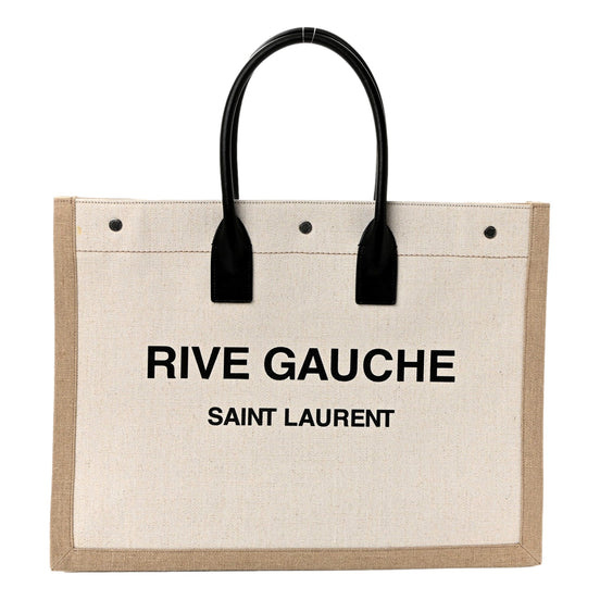 Saint Laurent Rive Gauche Canvas Leather Top Handles Large Tote Bag Beige