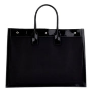 Saint Laurent Rive Gauche Large Tote Bag Black Nylon Leather Trim Silver Hardware