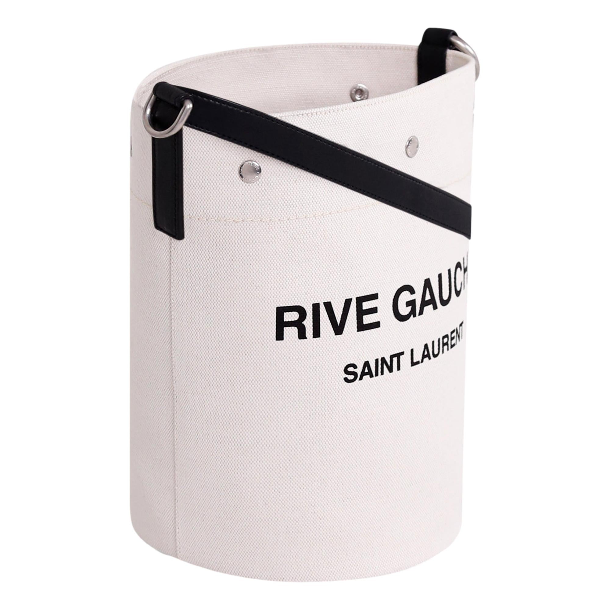 Saint Laurent Rive Gauche Black Leather Trim Linen Bucket Bag available at Queen Bee of Beverly Hills