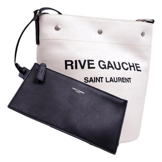Saint Laurent Rive Gauche Black Leather Trim Linen Bucket Bag available at Queen Bee of Beverly Hills