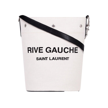Saint Laurent Rive Gauche Black Leather Trim Linen Bucket Bag available at Queen Bee of Beverly Hills