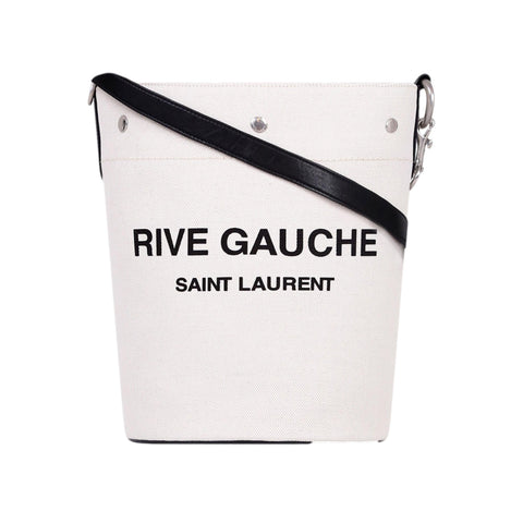 Saint Laurent Rive Gauche Black Leather Trim Linen Bucket Bag available at Queen Bee of Beverly Hills