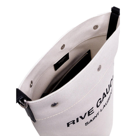 Saint Laurent Rive Gauche Black Leather Trim Linen Bucket Bag available at Queen Bee of Beverly Hills
