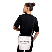 Saint Laurent Rive Gauche Black Leather Trim Linen Bucket Bag available at Queen Bee of Beverly Hills