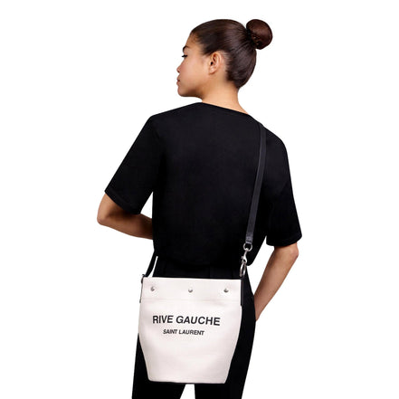 Saint Laurent Rive Gauche Black Leather Trim Linen Bucket Bag available at Queen Bee of Beverly Hills