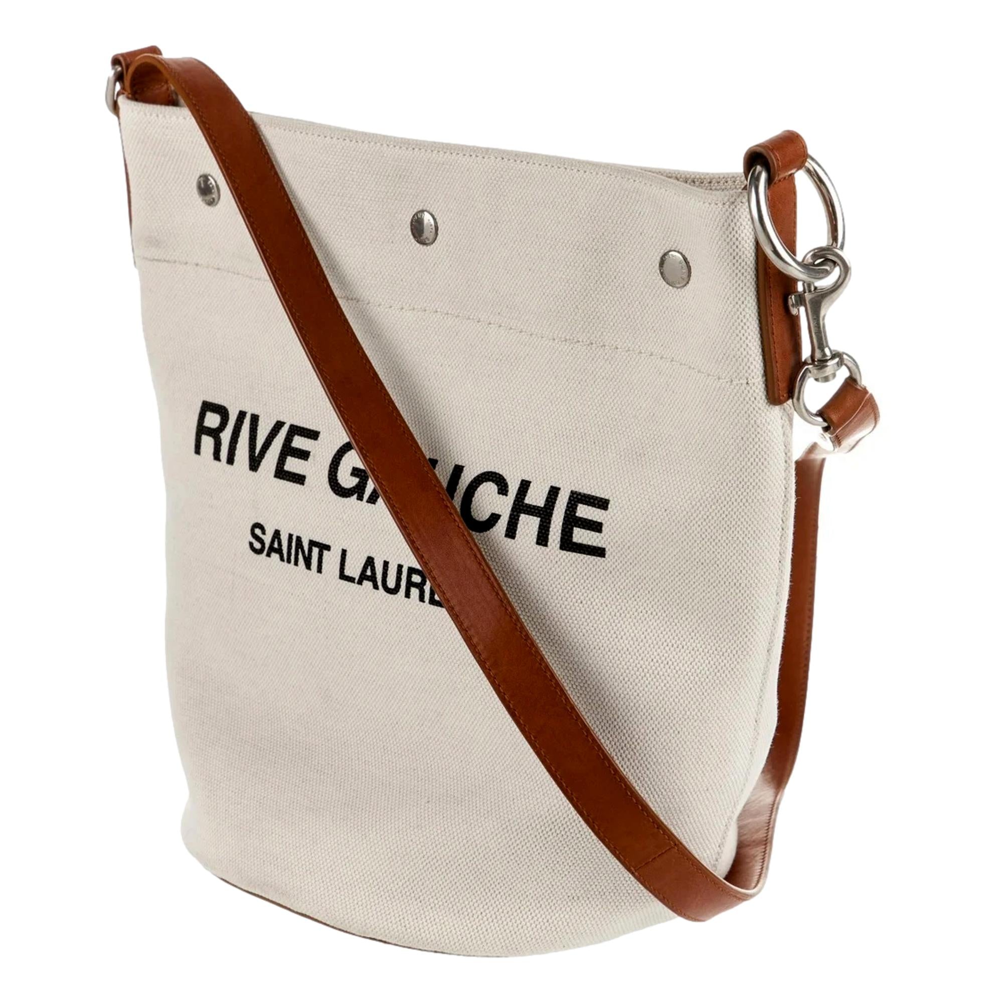 Saint Laurent Rive Gauche Brown Leather Trim Linen Bucket Bag available at Queen Bee of Beverly Hills