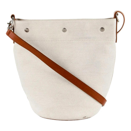 Saint Laurent Rive Gauche Brown Leather Trim Linen Bucket Bag available at Queen Bee of Beverly Hills