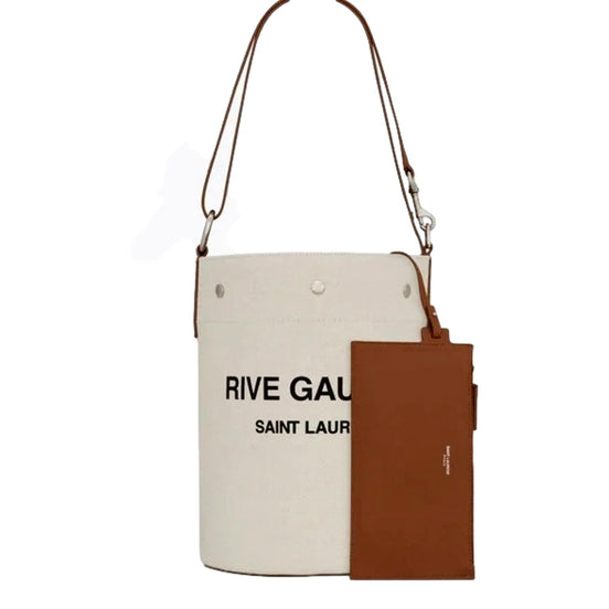 Saint Laurent Rive Gauche Brown Leather Trim Linen Bucket Bag available at Queen Bee of Beverly Hills