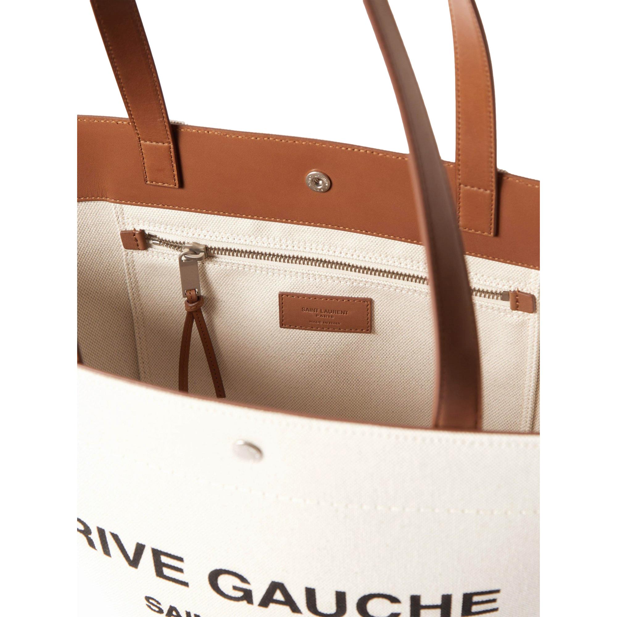 Saint Laurent Rive Gauche Brown Leather Trim Linen Bucket Bag available at Queen Bee of Beverly Hills