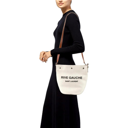 Saint Laurent Rive Gauche Brown Leather Trim Linen Bucket Bag available at Queen Bee of Beverly Hills