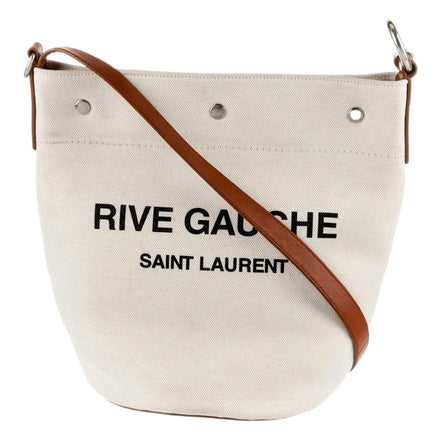 Saint Laurent Rive Gauche Brown Leather Trim Linen Bucket Bag available at Queen Bee of Beverly Hills