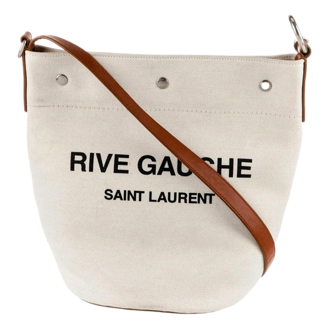 Saint Laurent Rive Gauche Brown Leather Trim Linen Bucket Bag available at Queen Bee of Beverly Hills
