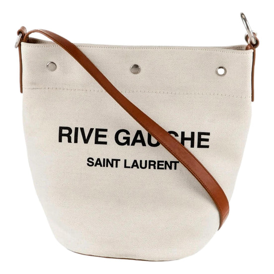 Saint Laurent Rive Gauche Brown Leather Trim Linen Bucket Bag available at Queen Bee of Beverly Hills