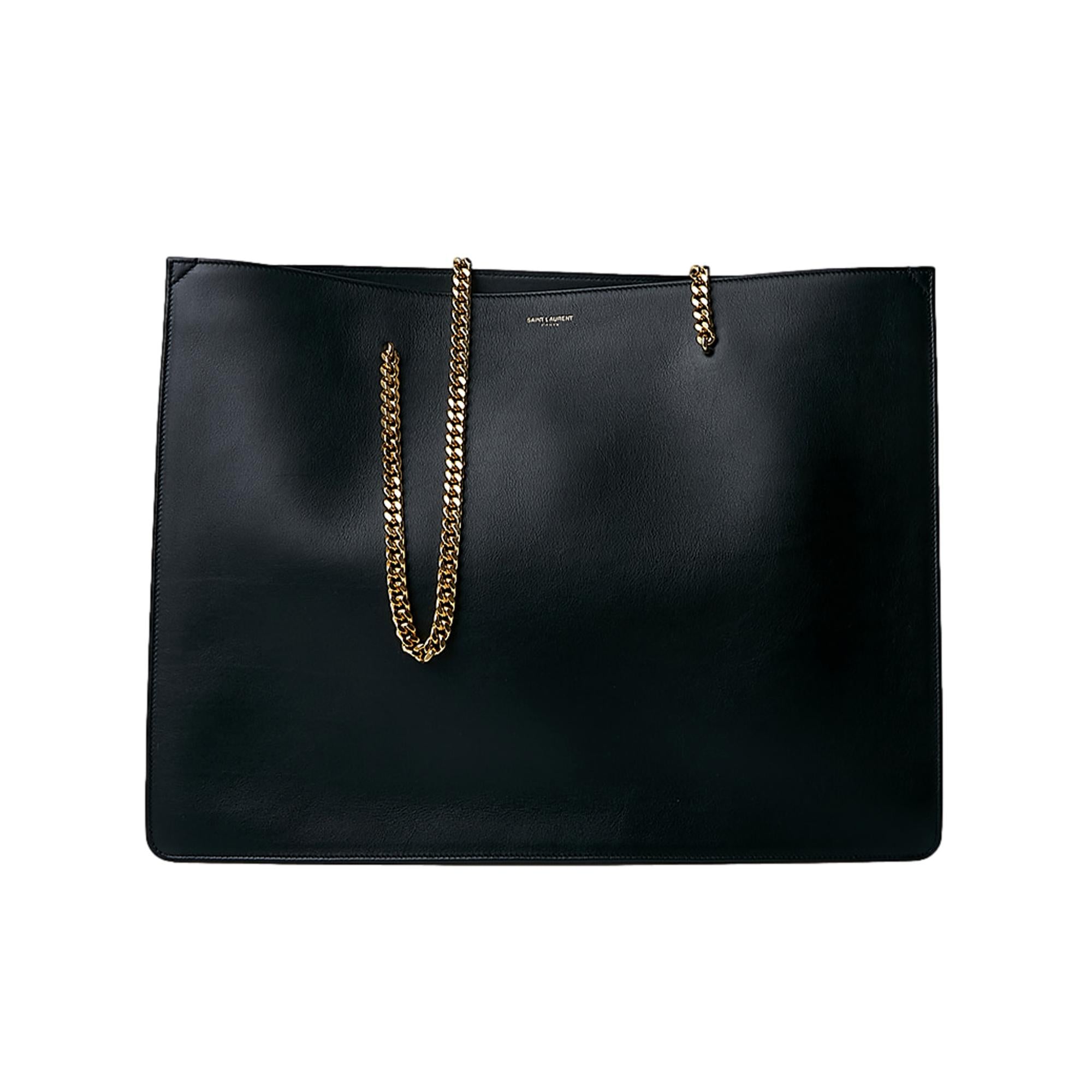 Saint Laurent Siena Ultra Lux Black Calf Leather Chain Shoulder Tote Bag available at Queen Bee of Beverly Hills