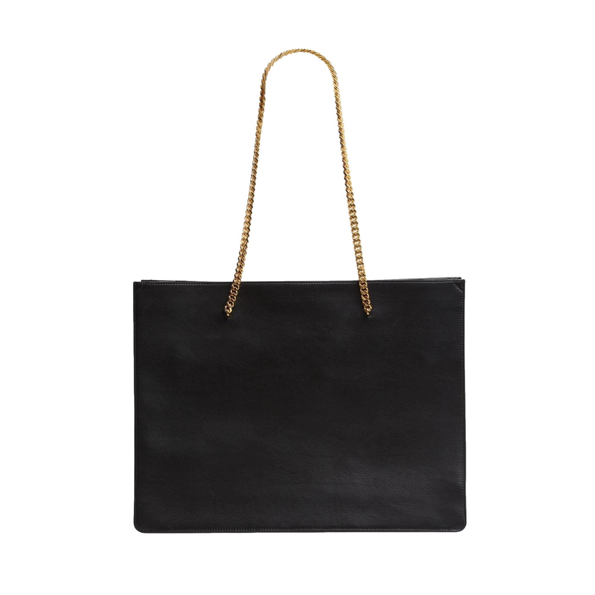 Saint Laurent Siena Ultra Lux Black Calf Leather Chain Shoulder Tote Bag available at Queen Bee of Beverly Hills