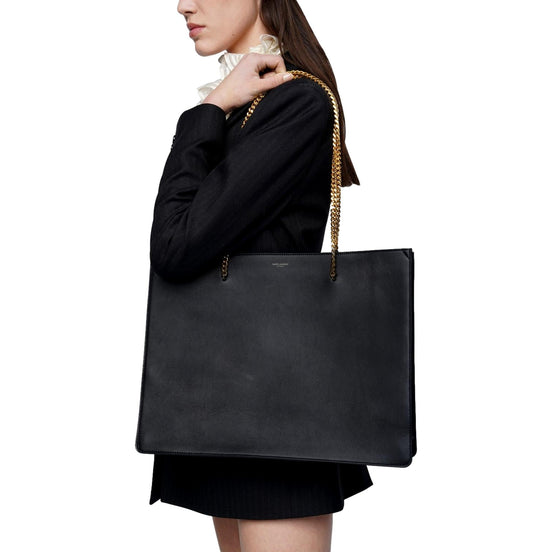 Saint Laurent Siena Ultra Lux Black Calf Leather Chain Shoulder Tote Bag available at Queen Bee of Beverly Hills