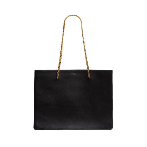 Saint Laurent Siena Ultra Lux Black Calf Leather Chain Shoulder Tote Bag available at Queen Bee of Beverly Hills