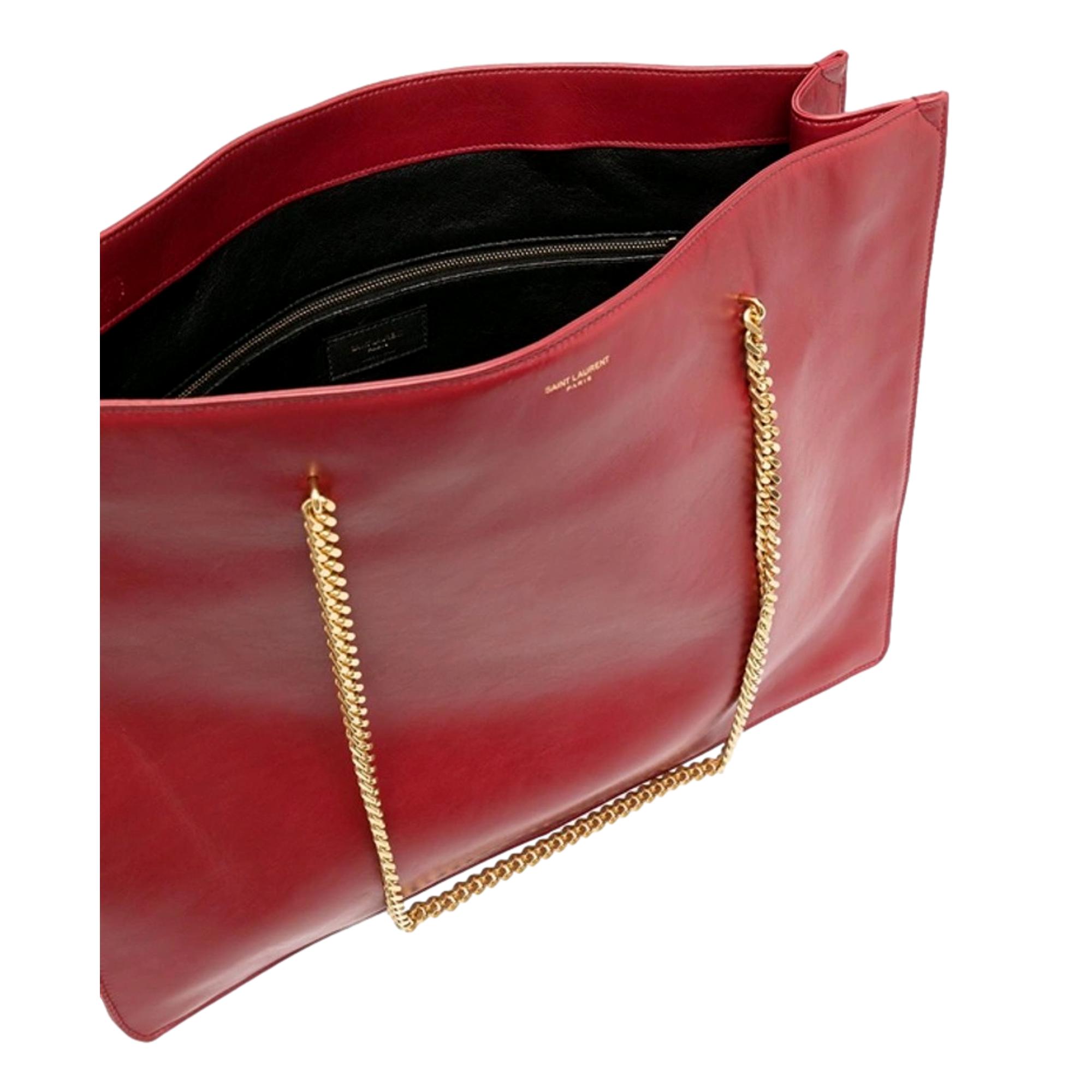 Saint Laurent Siena Ultra Lux Red Calf Leather Chain Shoulder Tote Bag available at Queen Bee of Beverly Hills