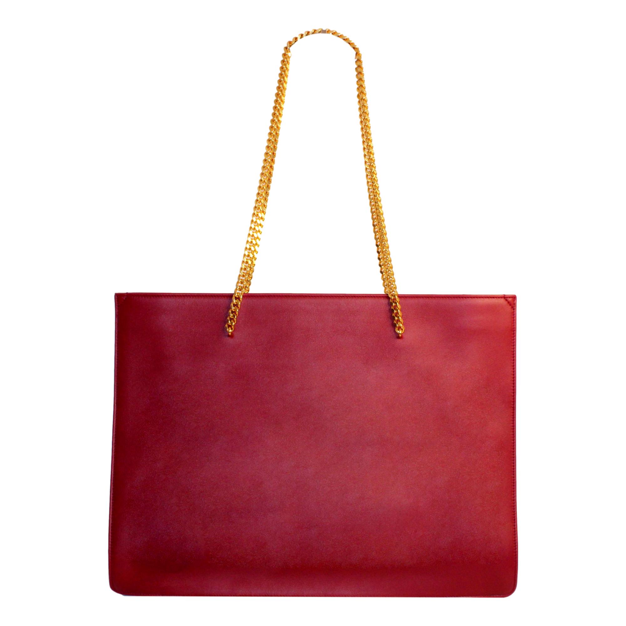 Saint Laurent Siena Ultra Lux Red Calf Leather Chain Shoulder Tote Bag available at Queen Bee of Beverly Hills