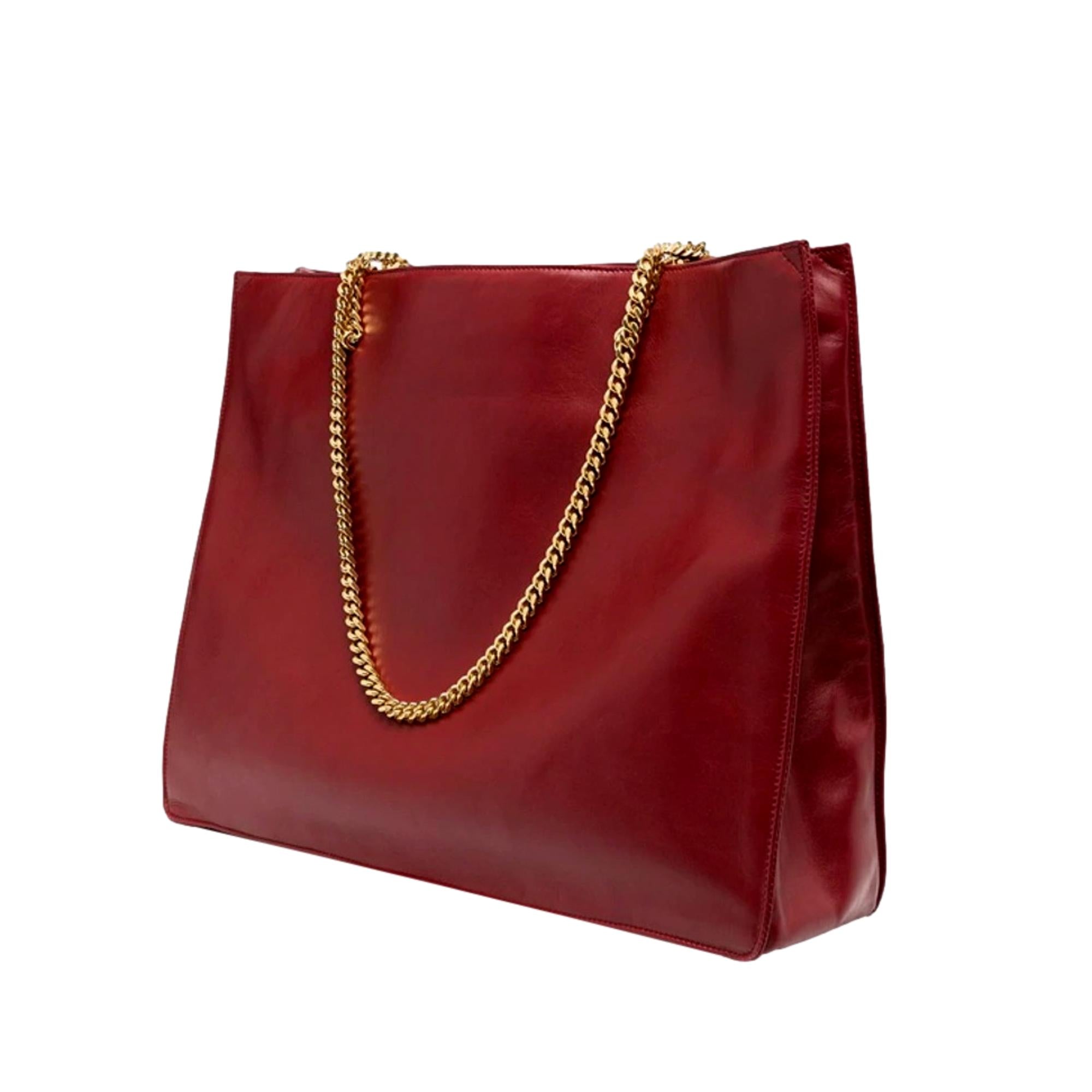 Saint Laurent Siena Ultra Lux Red Calf Leather Chain Shoulder Tote Bag available at Queen Bee of Beverly Hills