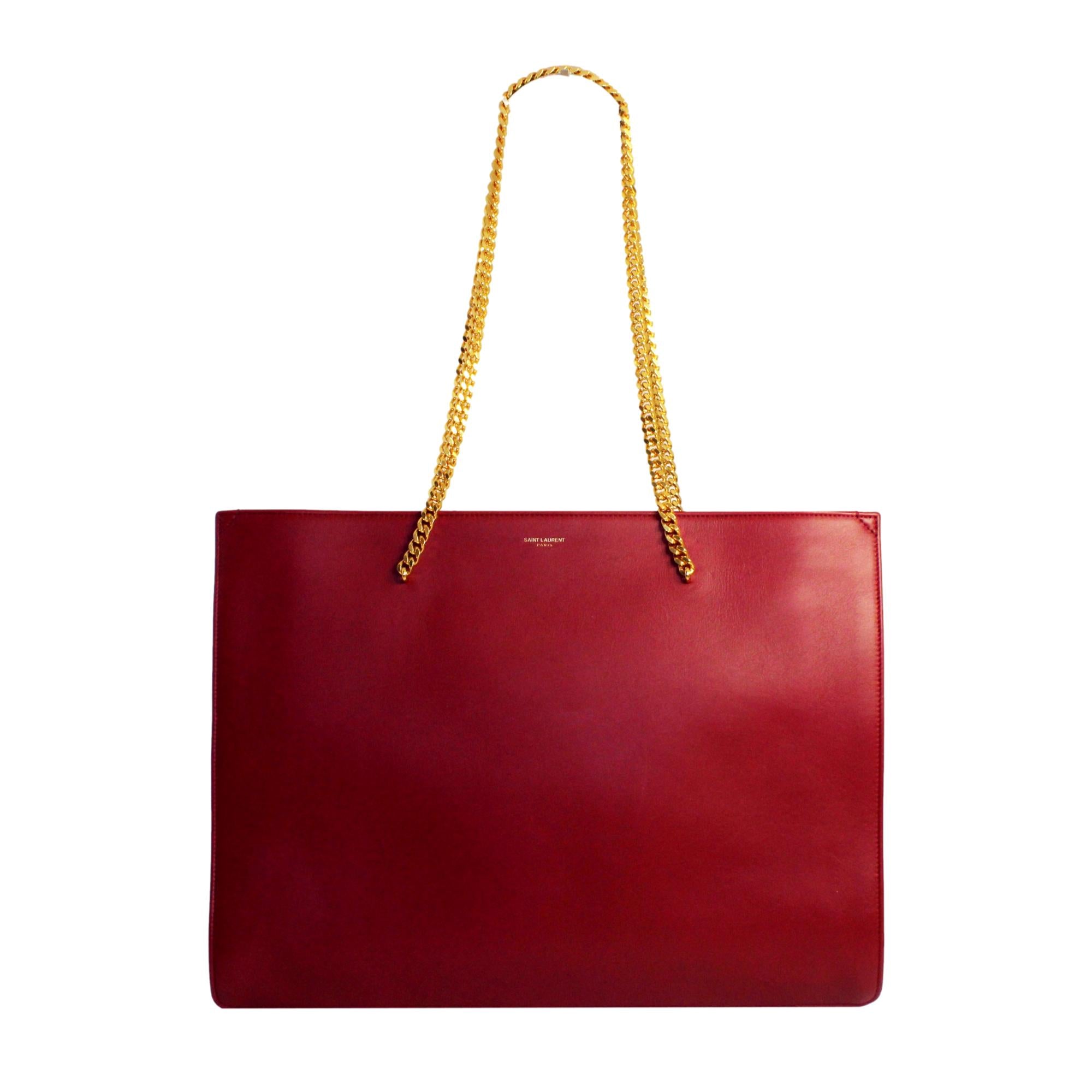 Saint Laurent Siena Ultra Lux Red Calf Leather Chain Shoulder Tote Bag available at Queen Bee of Beverly Hills