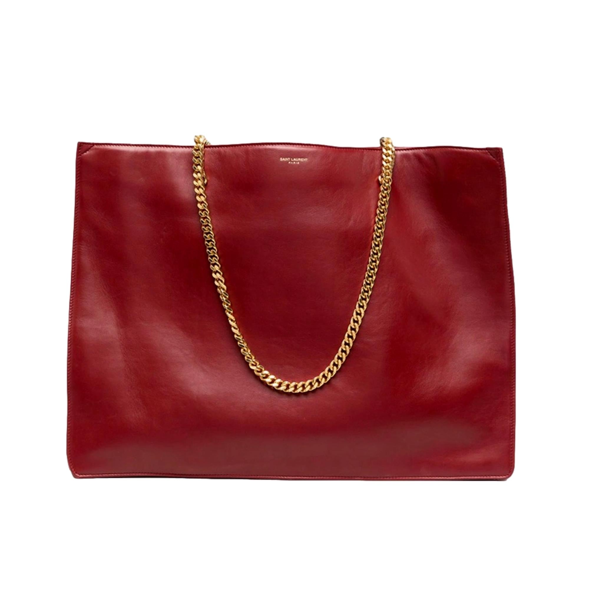 Saint Laurent Siena Ultra Lux Red Calf Leather Chain Shoulder Tote Bag available at Queen Bee of Beverly Hills