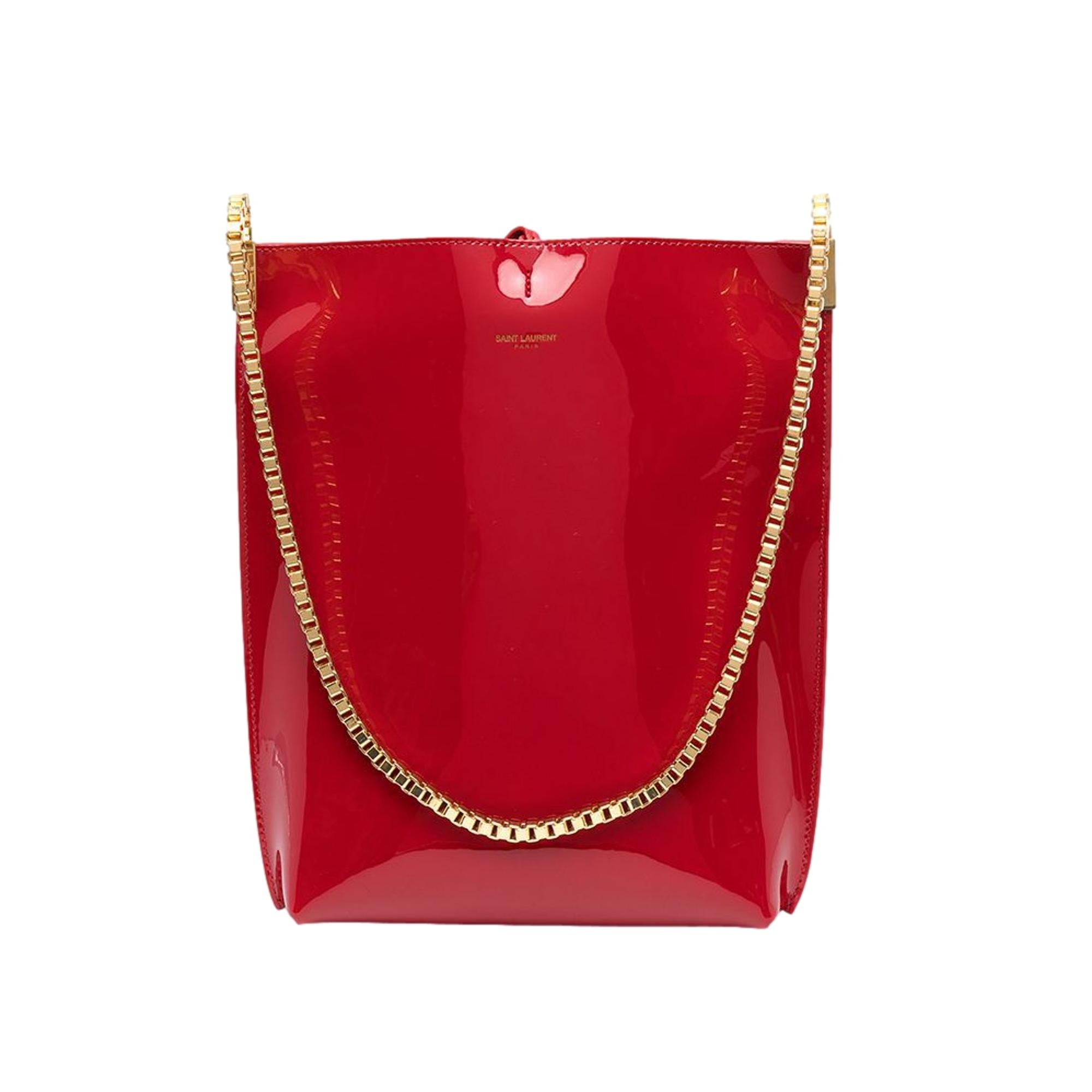 Saint Laurent Suzanne Red Patent Leather Small Chain Hobo Bag available at Queen Bee of Beverly Hills