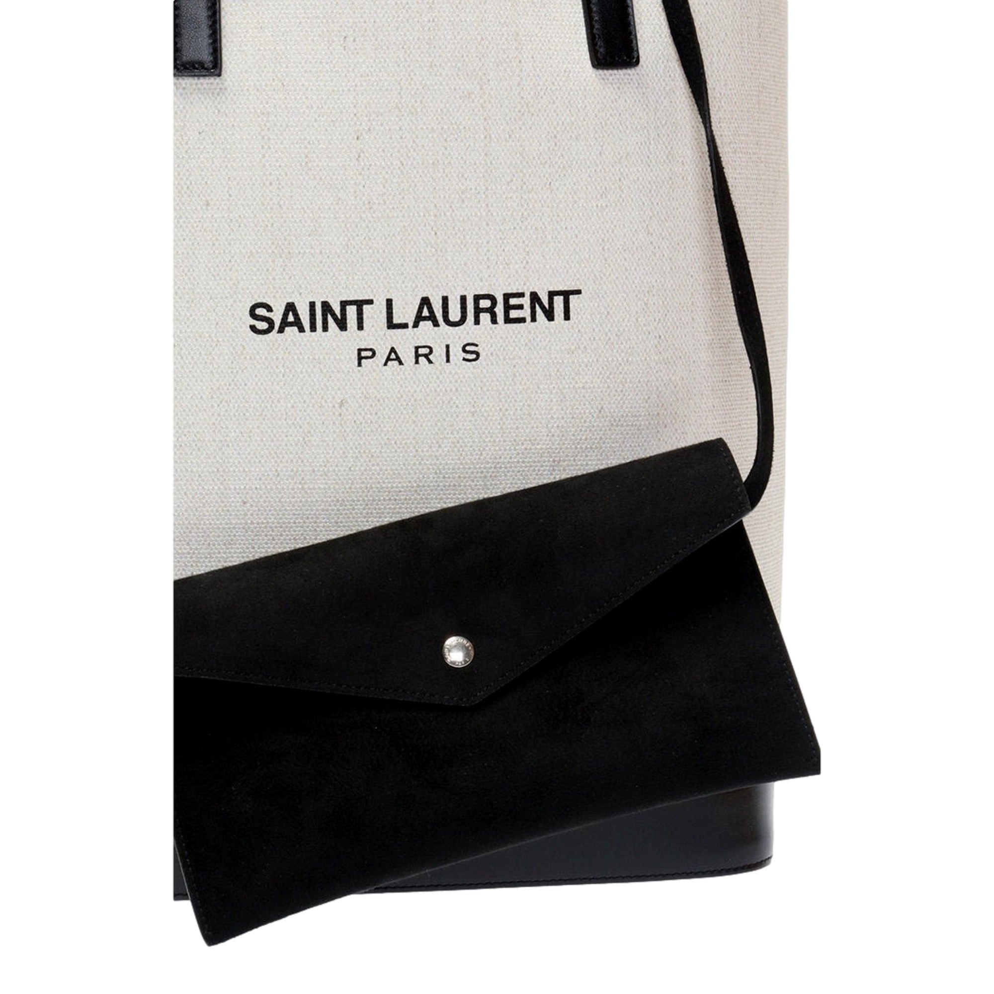 Saint Laurent Teddy White Coated Linen Drawstring Bucket Bag available at Queen Bee of Beverly Hills