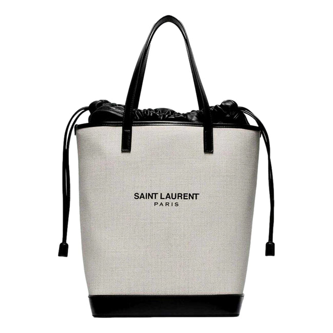 Saint Laurent Teddy White Coated Linen Drawstring Bucket Bag available at Queen Bee of Beverly Hills