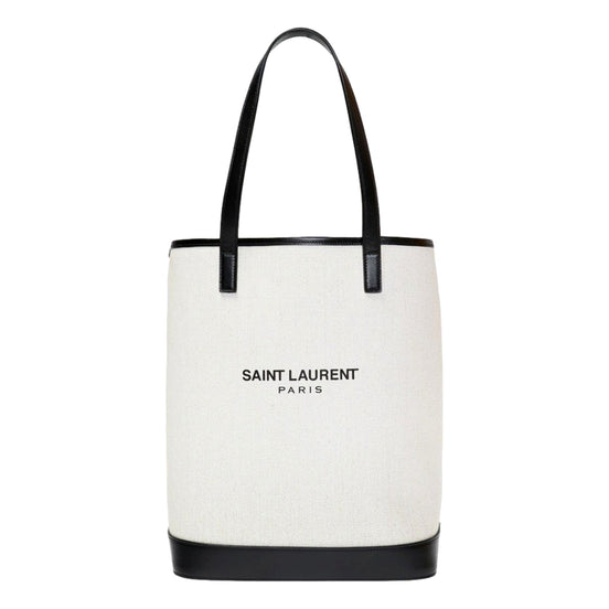 Saint Laurent Teddy White Coated Linen Drawstring Bucket Bag available at Queen Bee of Beverly Hills
