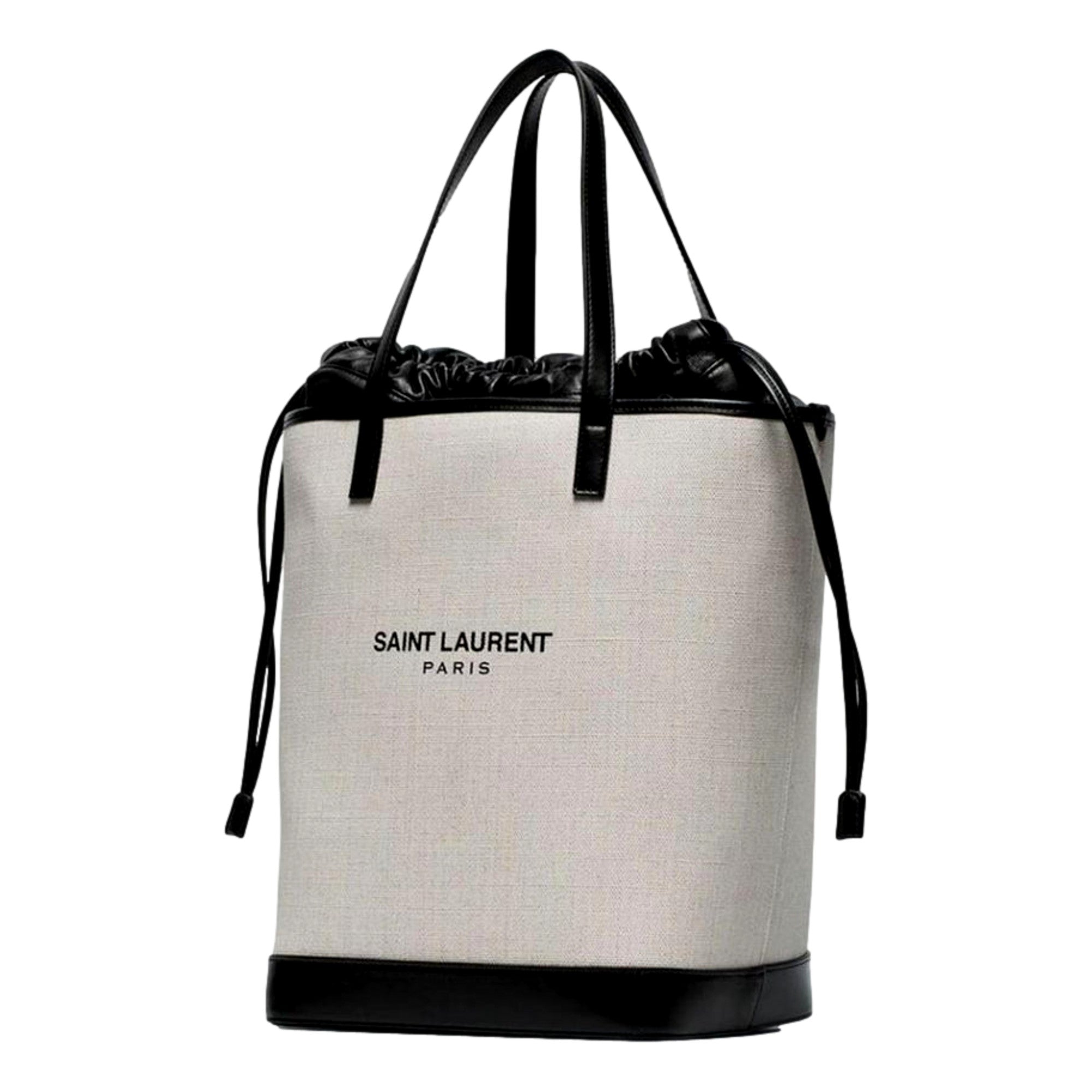 Saint Laurent Teddy White Coated Linen Drawstring Bucket Bag available at Queen Bee of Beverly Hills
