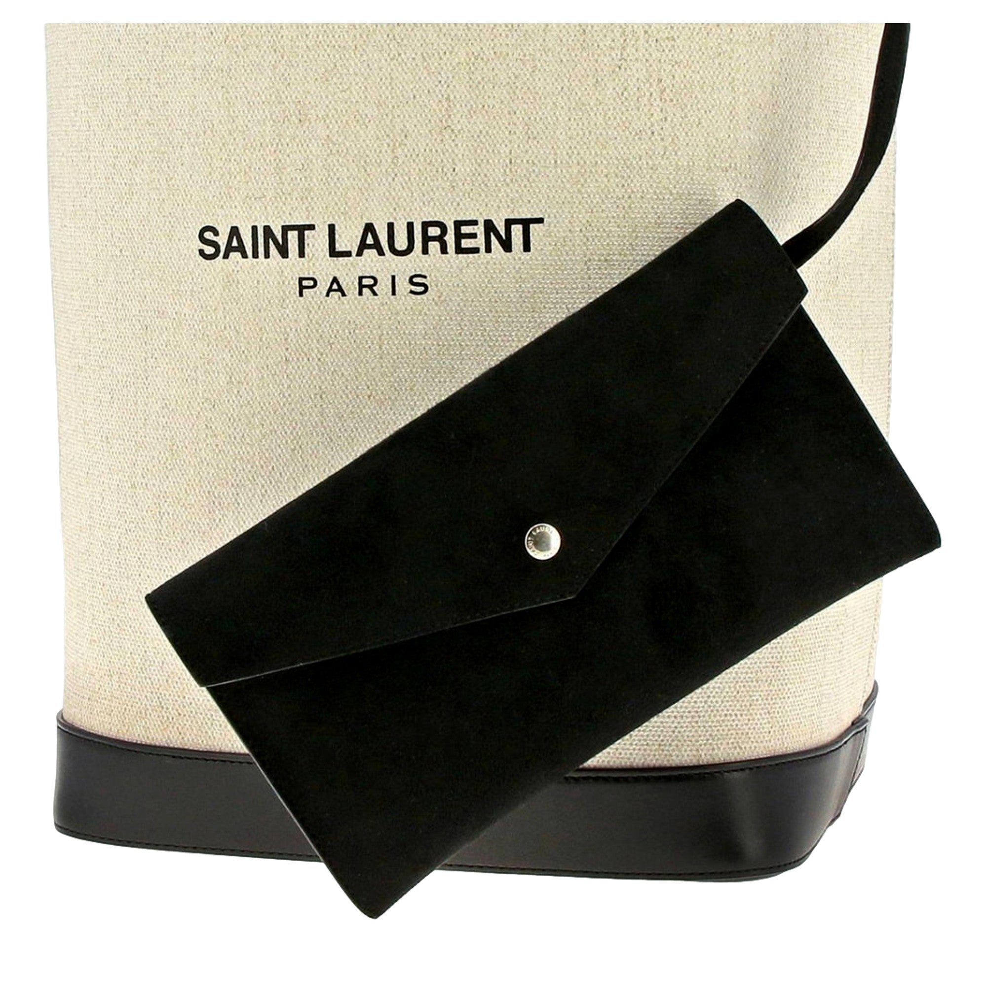 Saint Laurent Teddy White Coated Linen Drawstring Bucket Bag available at Queen Bee of Beverly Hills