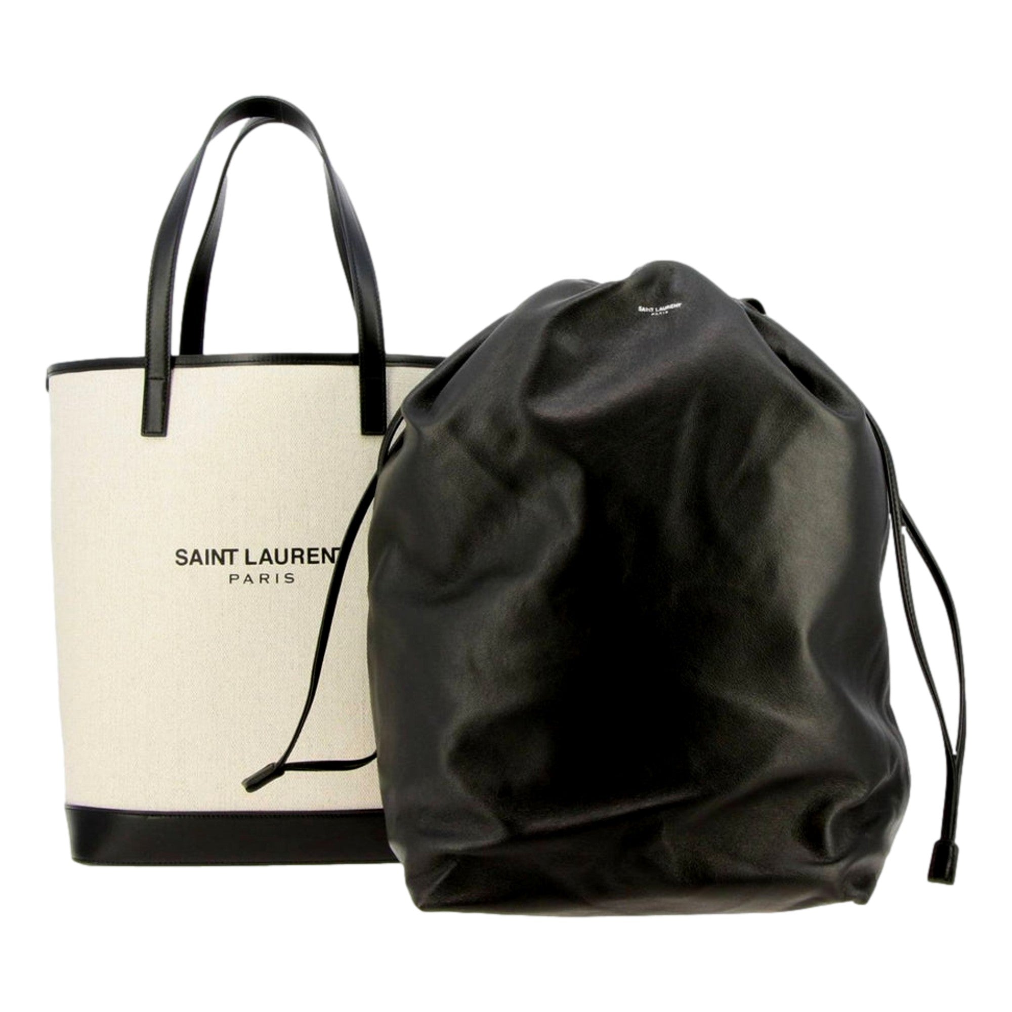 Saint Laurent Teddy White Coated Linen Drawstring Bucket Bag available at Queen Bee of Beverly Hills