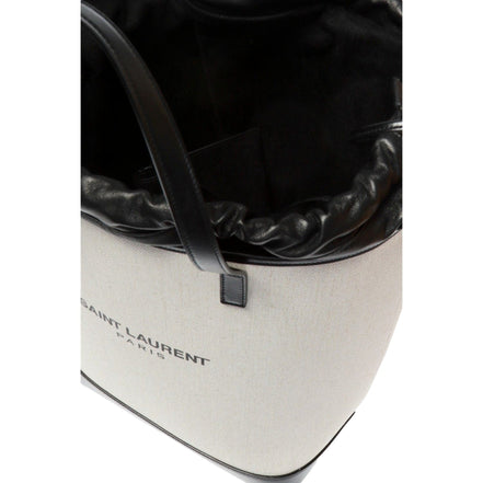 Saint Laurent Teddy White Coated Linen Drawstring Bucket Bag available at Queen Bee of Beverly Hills