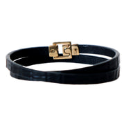 Saint Laurent Black Smooth Leather Double Wrap Bracelet with Gold-Tone Engraved Clasp