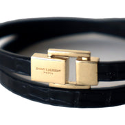 Saint Laurent Black Smooth Leather Double Wrap Bracelet with Gold-Tone Engraved Clasp