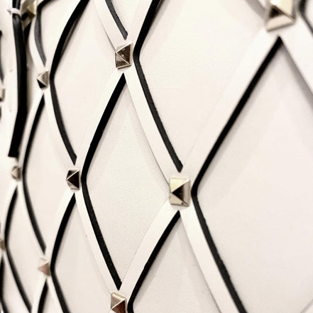 Valentino Garavani Beehive Lattice Ivory Studded Leather Crossbody Tote available at Queen Bee of Beverly Hills