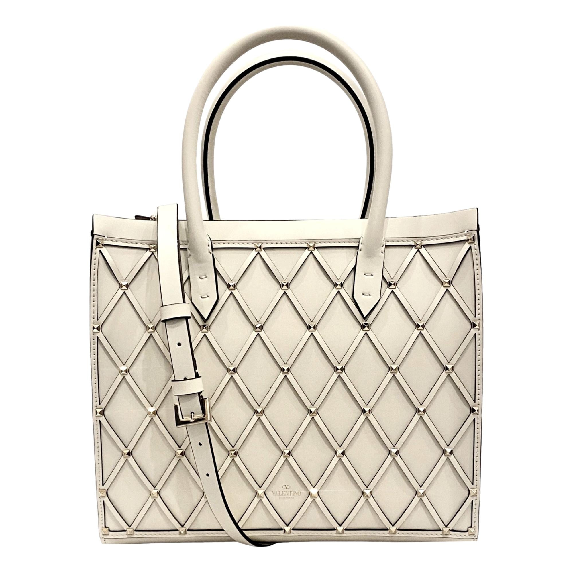 Valentino Garavani Beehive Lattice Ivory Studded Leather Crossbody Tote available at Queen Bee of Beverly Hills