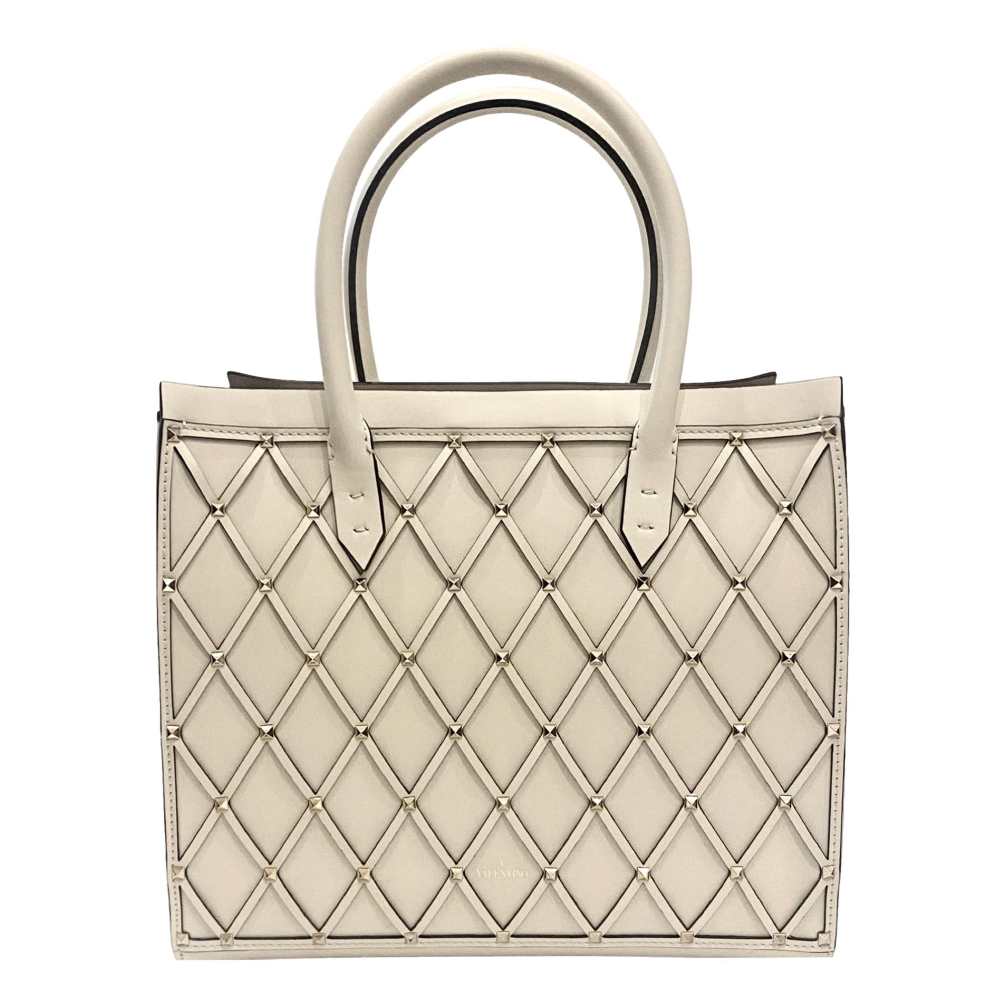 Valentino Garavani Beehive Lattice Ivory Studded Leather Crossbody Tote available at Queen Bee of Beverly Hills