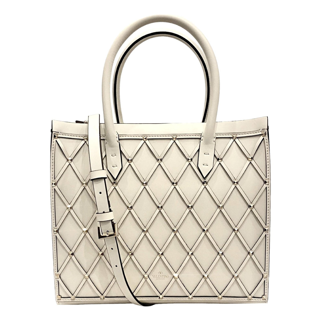 Valentino Garavani Beehive Lattice Ivory Studded Leather Tote Bag at_Queen_Bee_of_Beverly_Hills