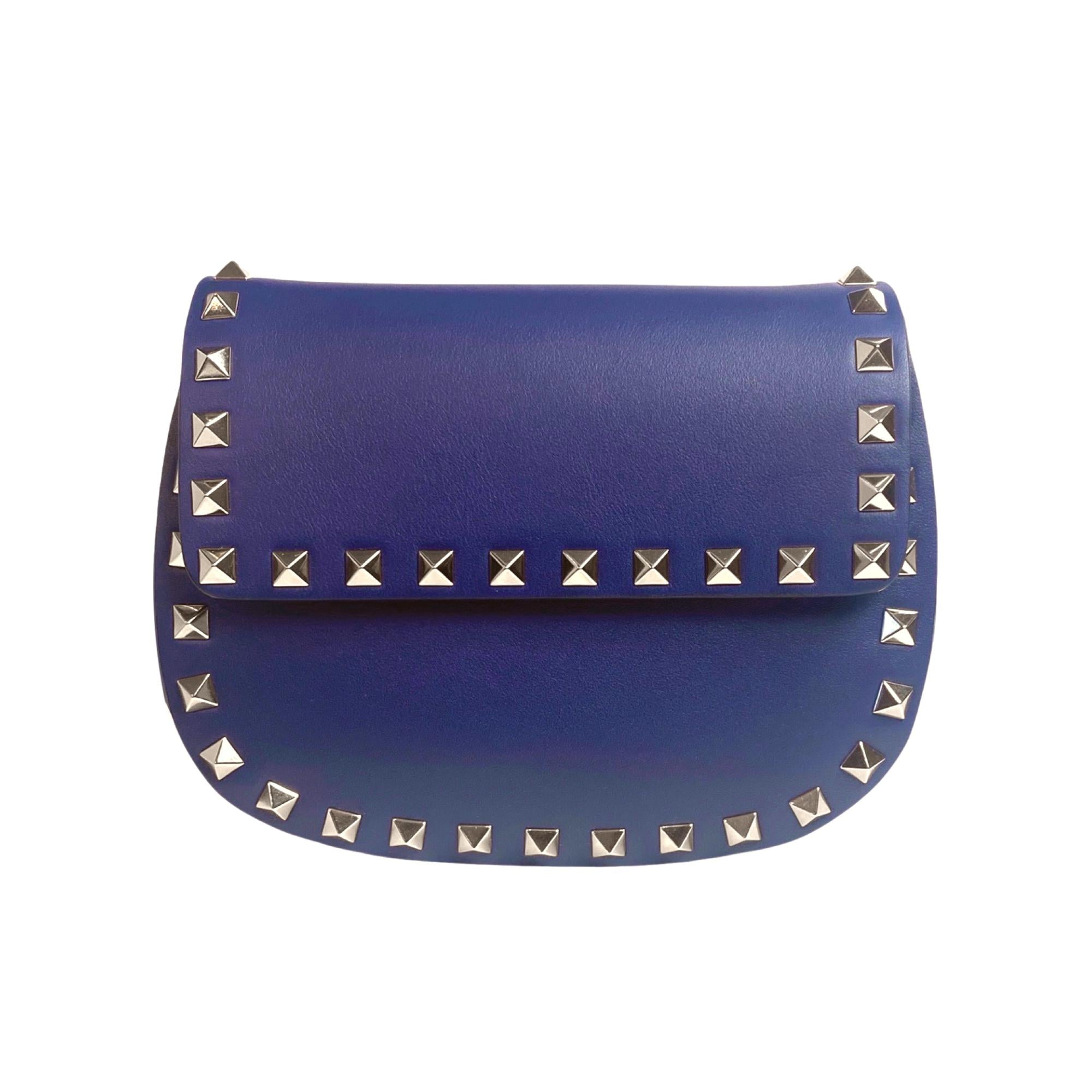 Valentino Garavani Rockstud Blue Leather Small Chain Crossbody Bag available at Queen Bee of Beverly Hills