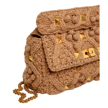 Valentino Garavani Roman Stud Large Shoulder Bag Brown Knit Cashmere available at Queen Bee of Beverly Hills