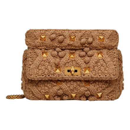 Valentino Garavani Roman Stud Large Shoulder Bag Brown Knit Cashmere available at Queen Bee of Beverly Hills