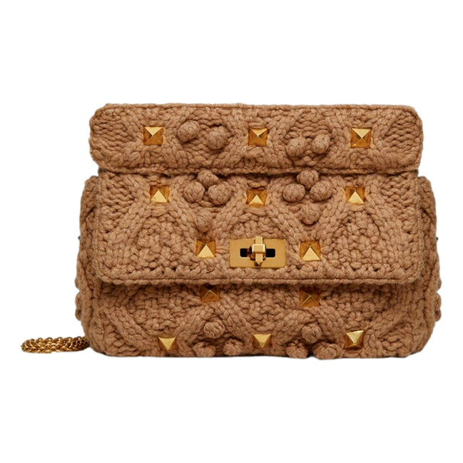 Valentino Garavani Roman Stud Large Shoulder Bag Brown Knit Cashmere available at Queen Bee of Beverly Hills