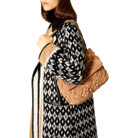 Valentino Garavani Roman Stud Large Shoulder Bag Brown Knit Cashmere available at Queen Bee of Beverly Hills
