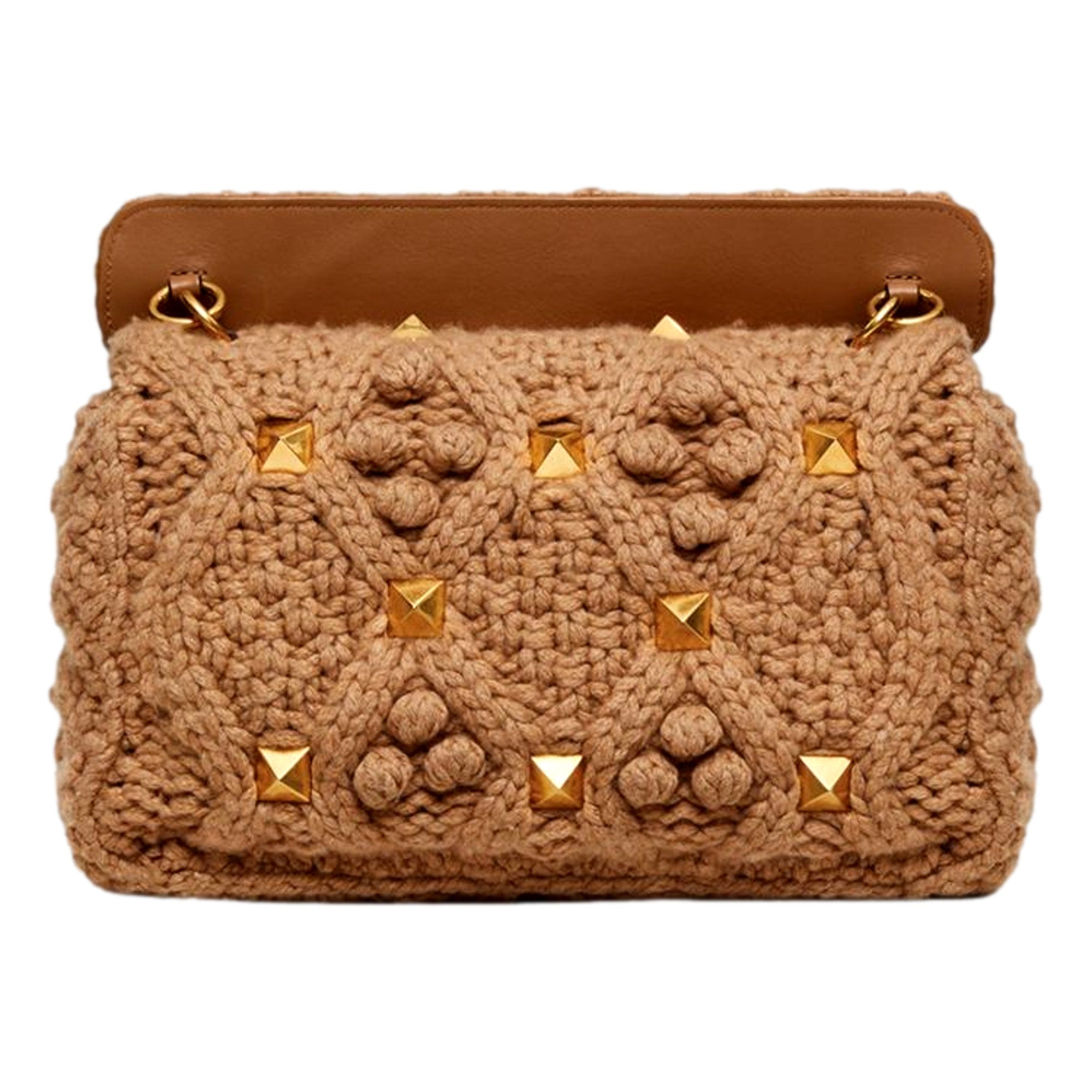 Valentino Garavani Roman Stud Large Shoulder Bag Brown Knit Cashmere available at Queen Bee of Beverly Hills
