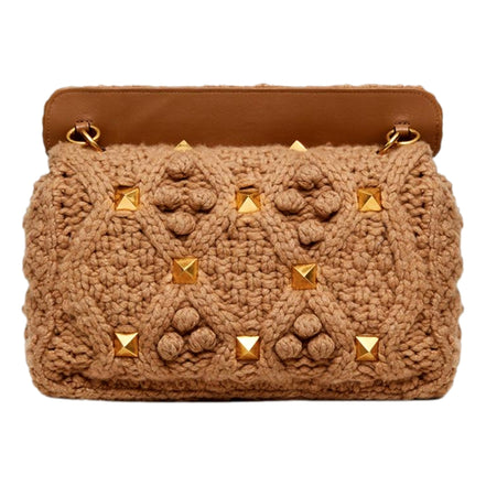 Valentino Garavani Roman Stud Large Shoulder Bag Brown Knit Cashmere available at Queen Bee of Beverly Hills